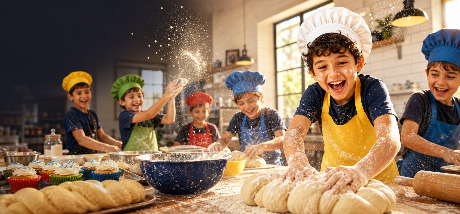 Boys laughing and cooking together in a bright kosher kitchen camp setting
